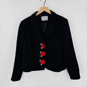 Vintage Rickie Freeman for Teri Jon‎ Black Blazer Jacket Floral Buttons